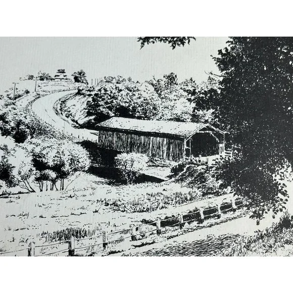 Louise Lawrence Poem The Old Covered Bridge Sketch Drawing Unframed Vintage - Picture 2 of 6